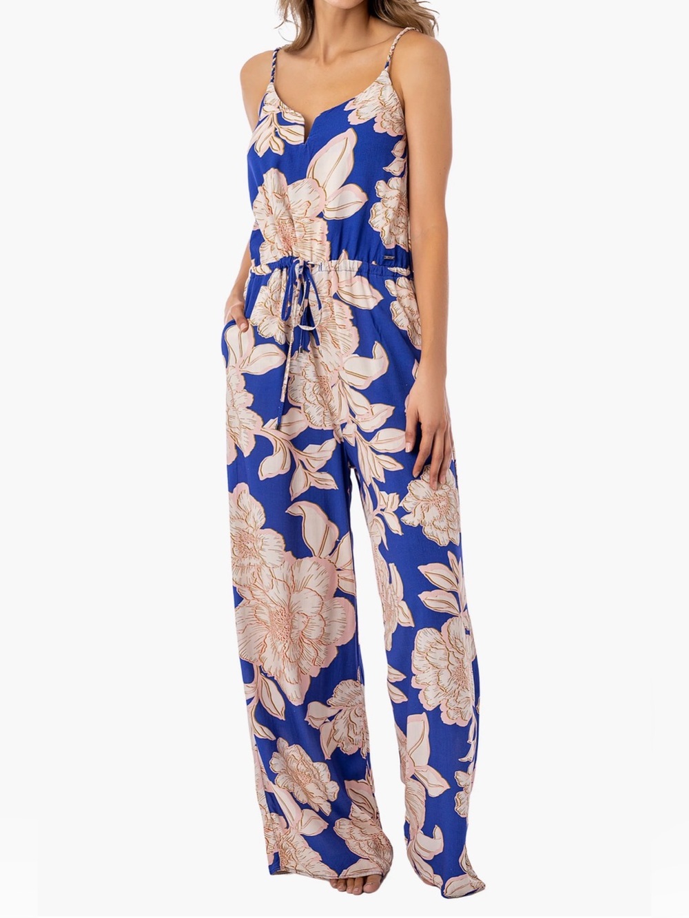 Maaji Royal Blue Floral Wide-Leg Jumpsuit with Pink Blooms Size S